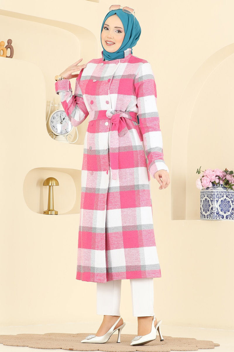 Mandarin-Collar Plaid Cape Coat - Fuchsia