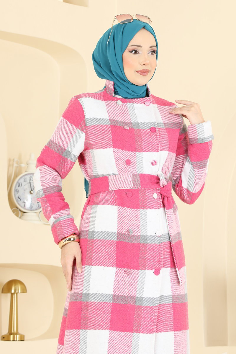 Mandarin-Collar Plaid Cape Coat - Fuchsia