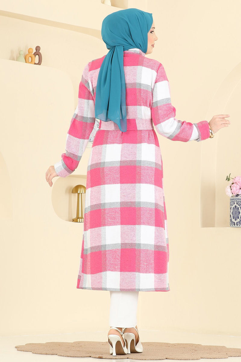 Mandarin-Collar Plaid Cape Coat - Fuchsia
