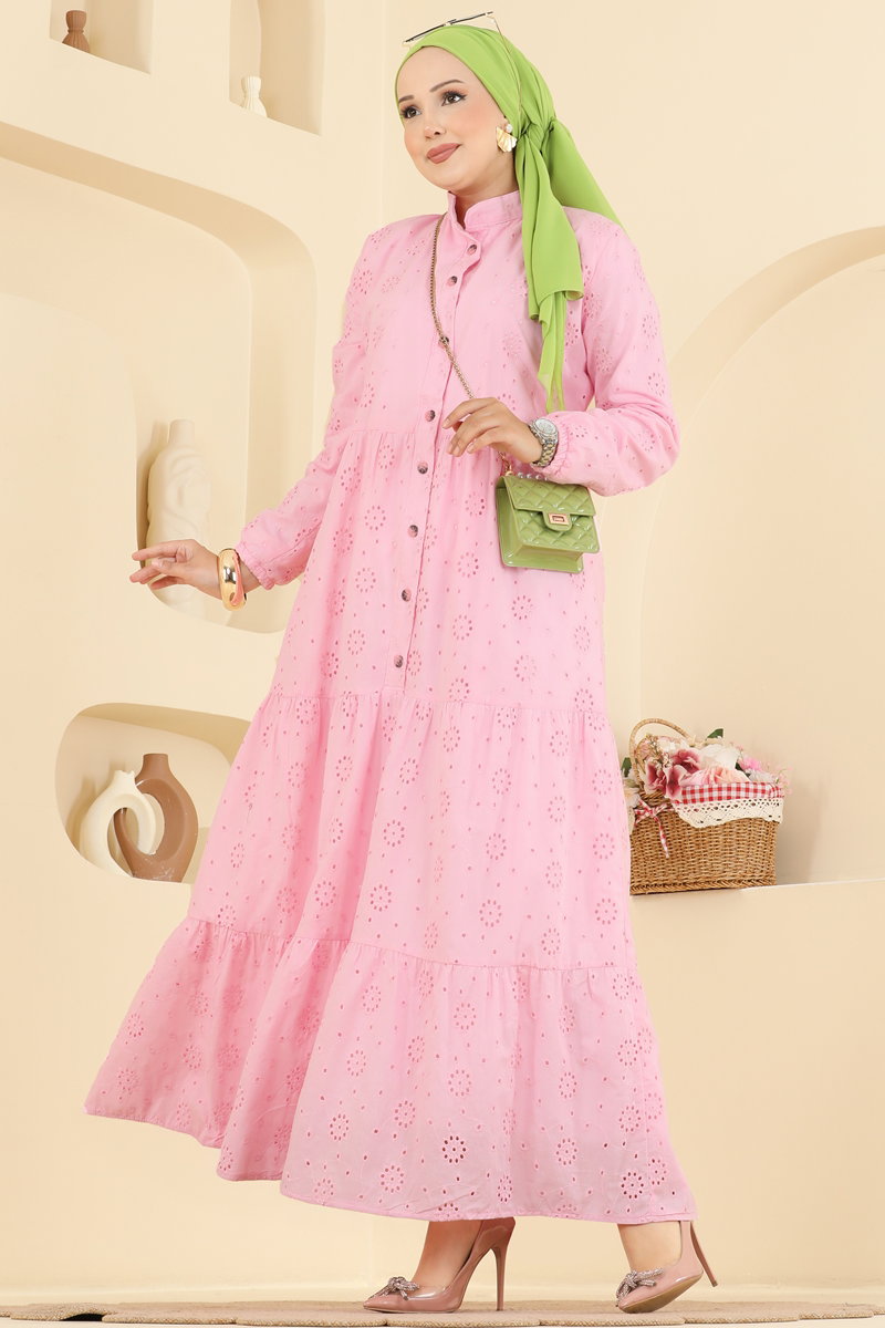 Mandarin-Collar Broderie Dress - Pink