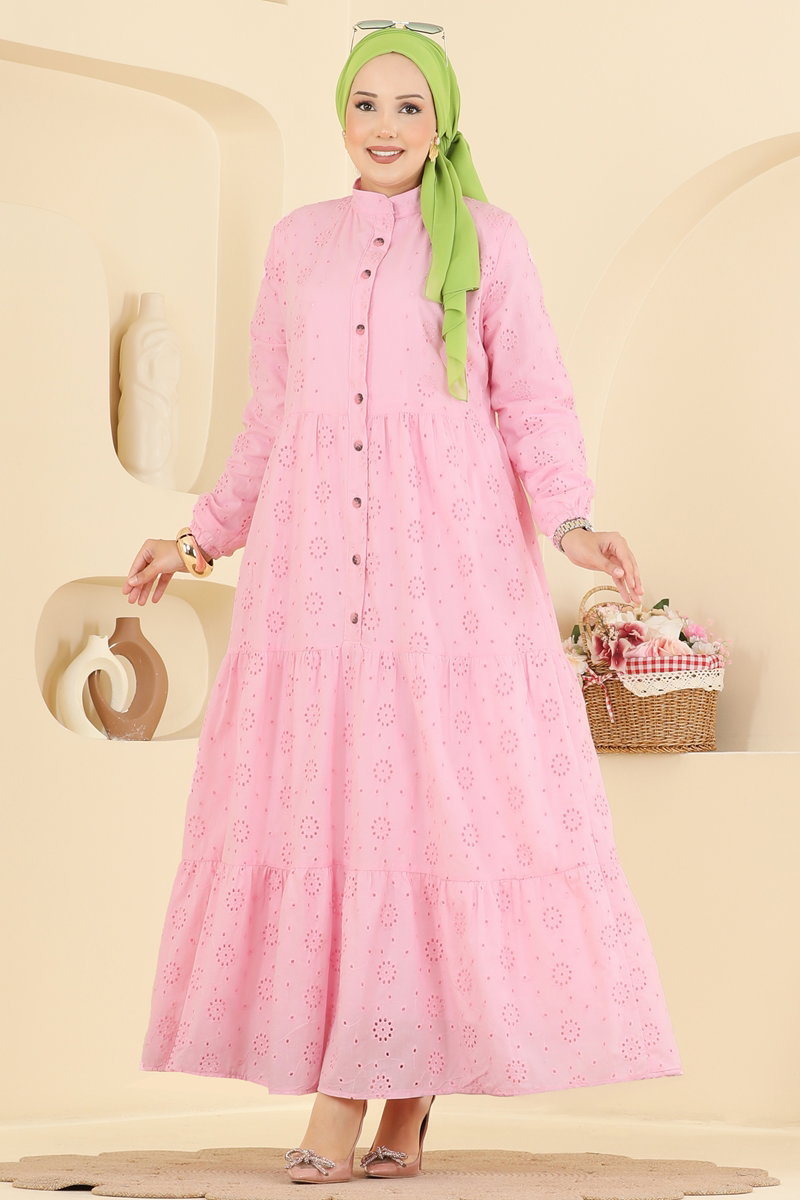 Mandarin-Collar Broderie Dress - Pink
