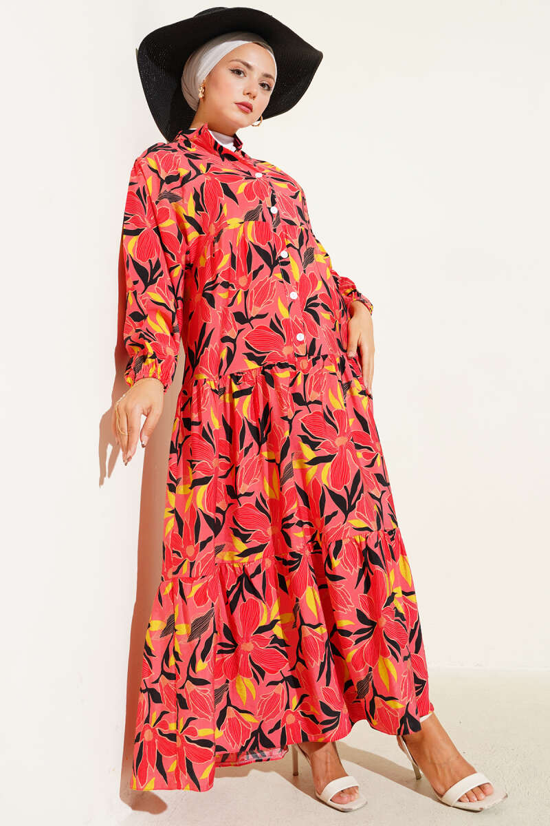 Mandarin-Collar Floral Dress - Crimson