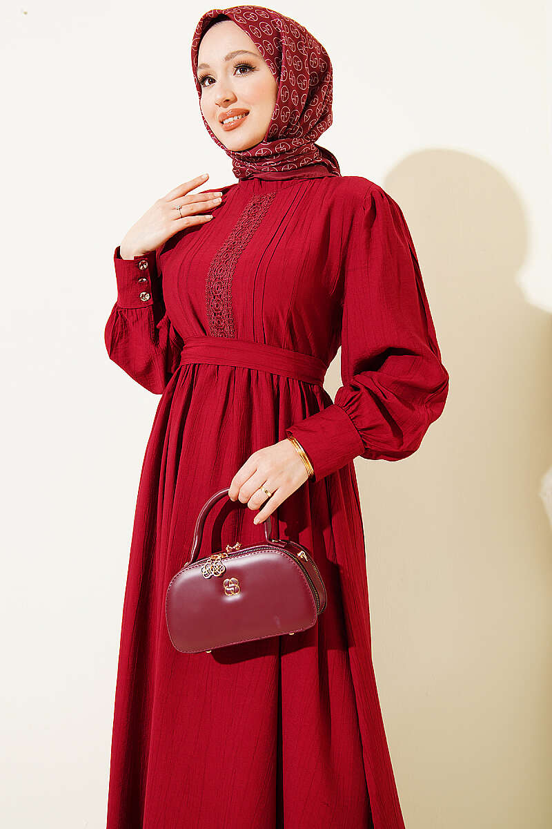 Belted Guipure Dress with Mandarin Collar - Burgundy