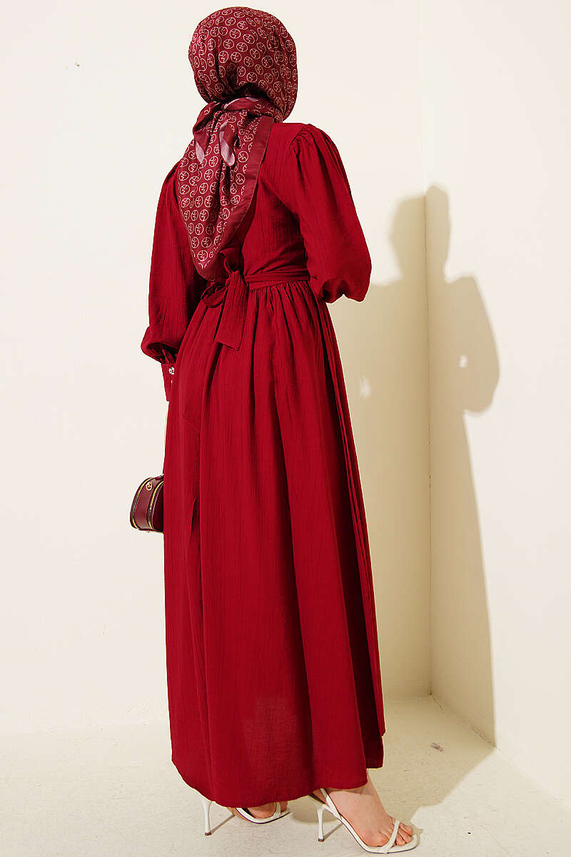 Belted Guipure Dress with Mandarin Collar - Burgundy