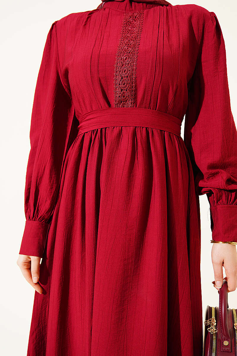 Belted Guipure Dress with Mandarin Collar - Burgundy