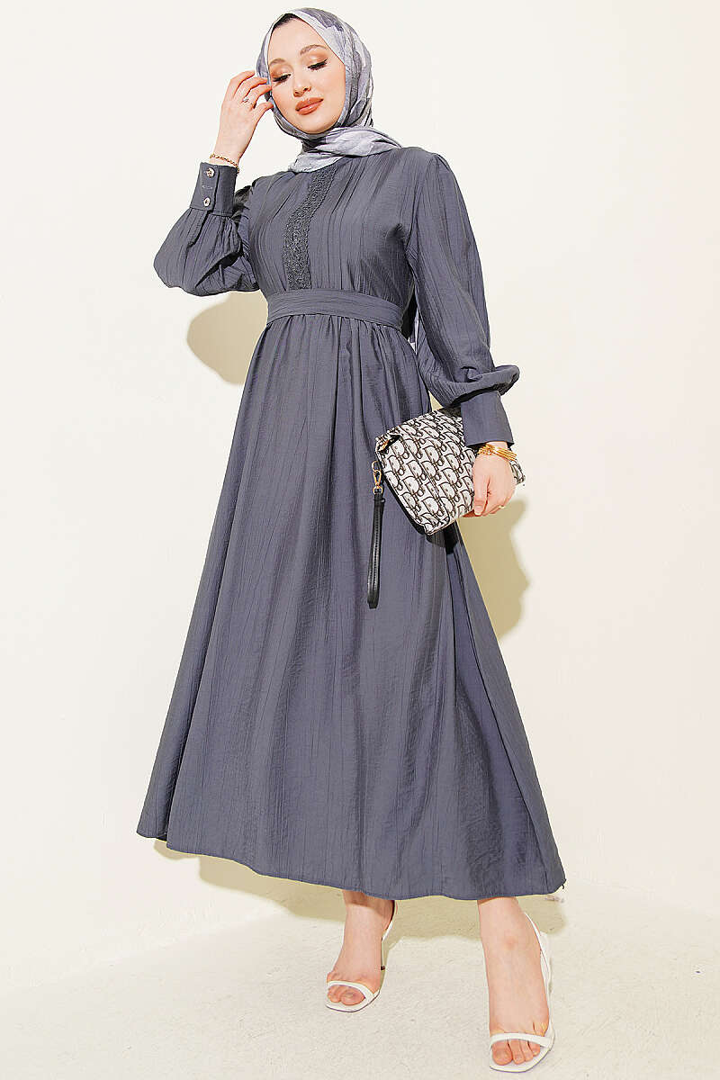 Belted Guipure Dress with Mandarin Collar - Smoke Grey