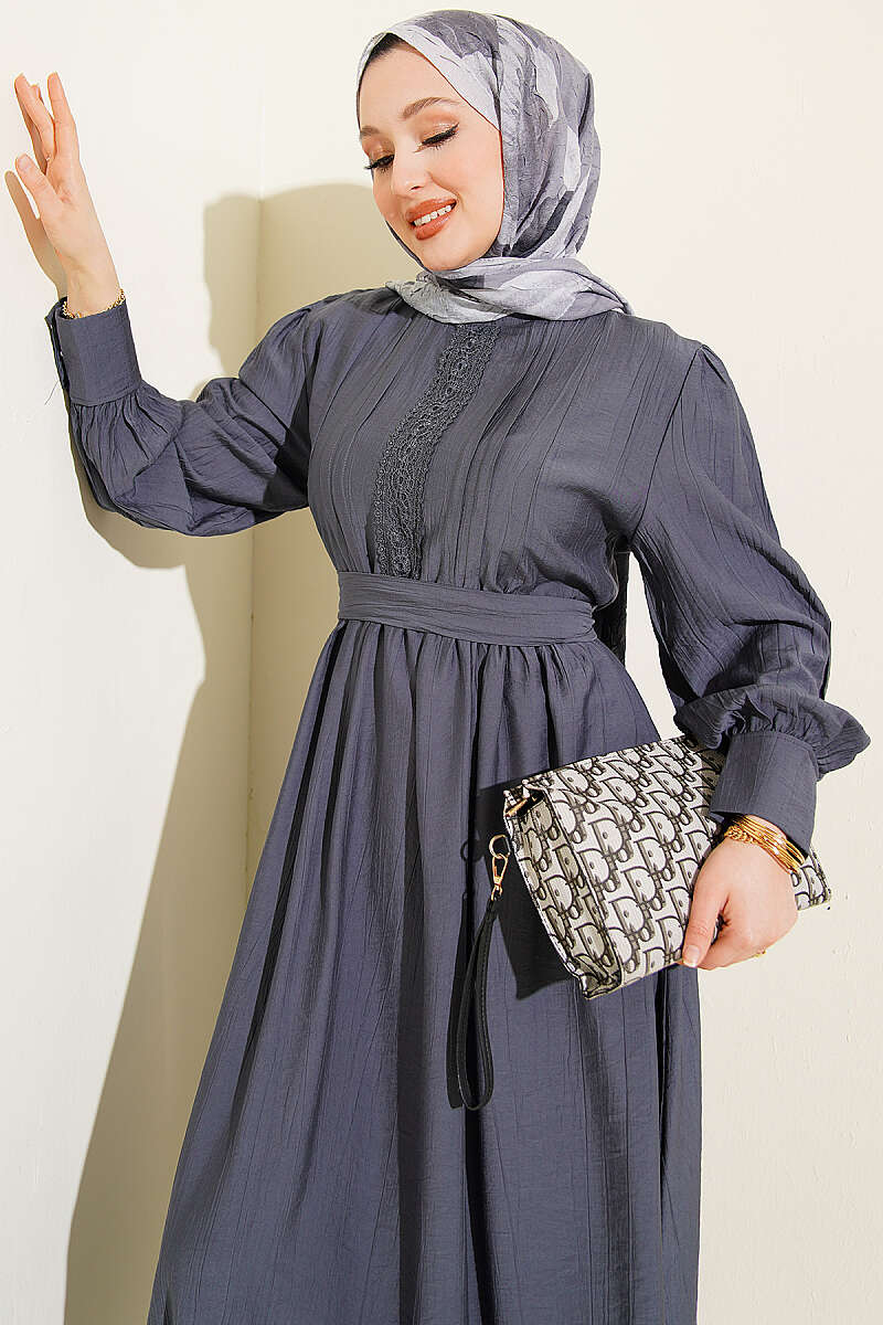 Belted Guipure Dress with Mandarin Collar - Smoke Grey