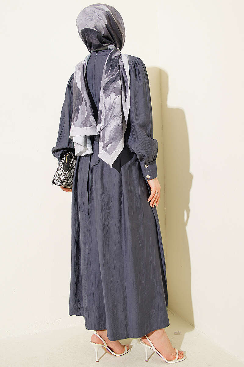 Belted Guipure Dress with Mandarin Collar - Smoke Grey