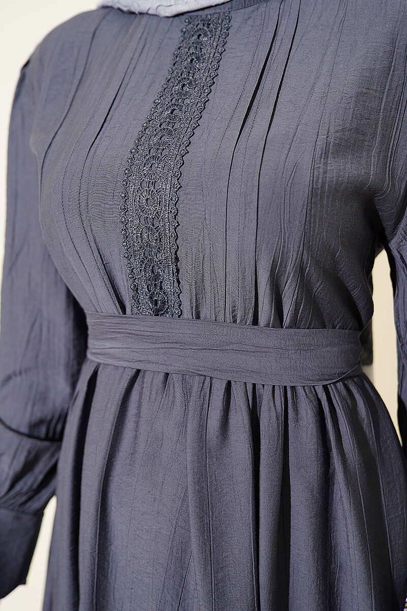 Belted Guipure Dress with Mandarin Collar - Smoke Grey