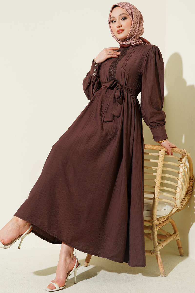 Belted Guipure Dress with Mandarin Collar - Brown