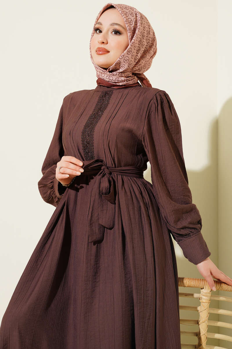 Belted Guipure Dress with Mandarin Collar - Brown
