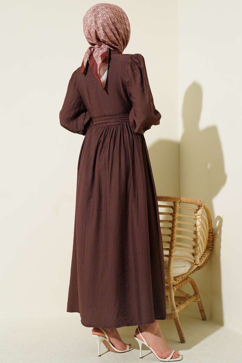 Belted Guipure Dress with Mandarin Collar - Brown
