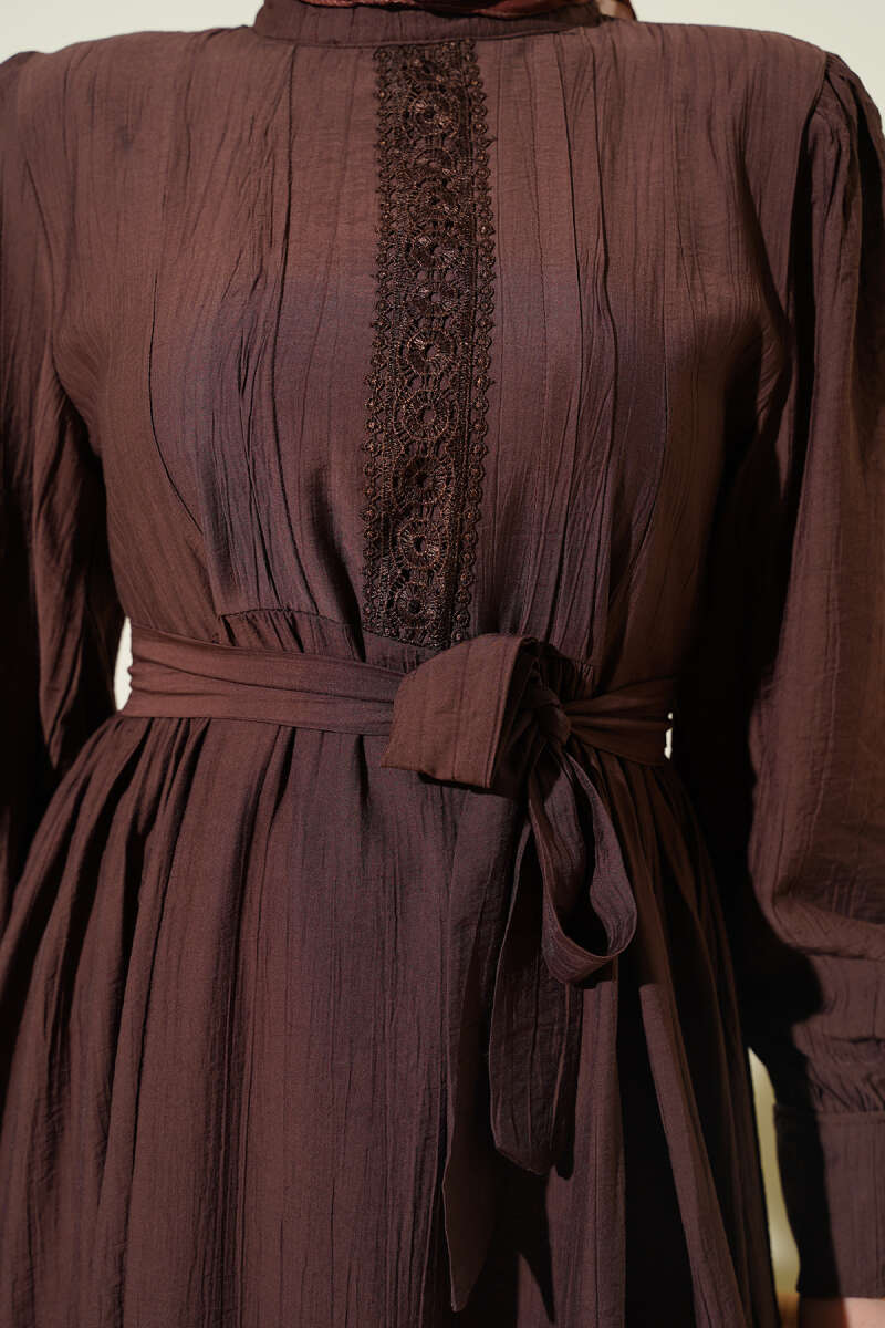 Belted Guipure Dress with Mandarin Collar - Brown