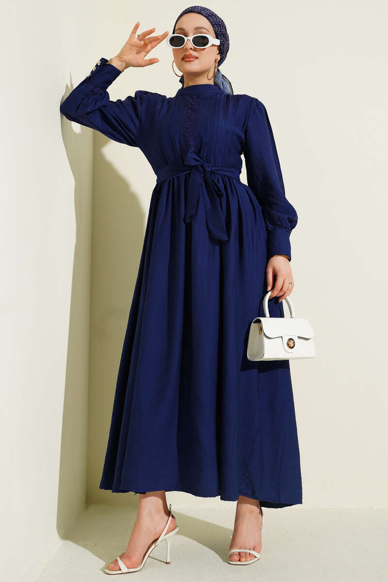 Belted Guipure Dress with Mandarin Collar - Navy