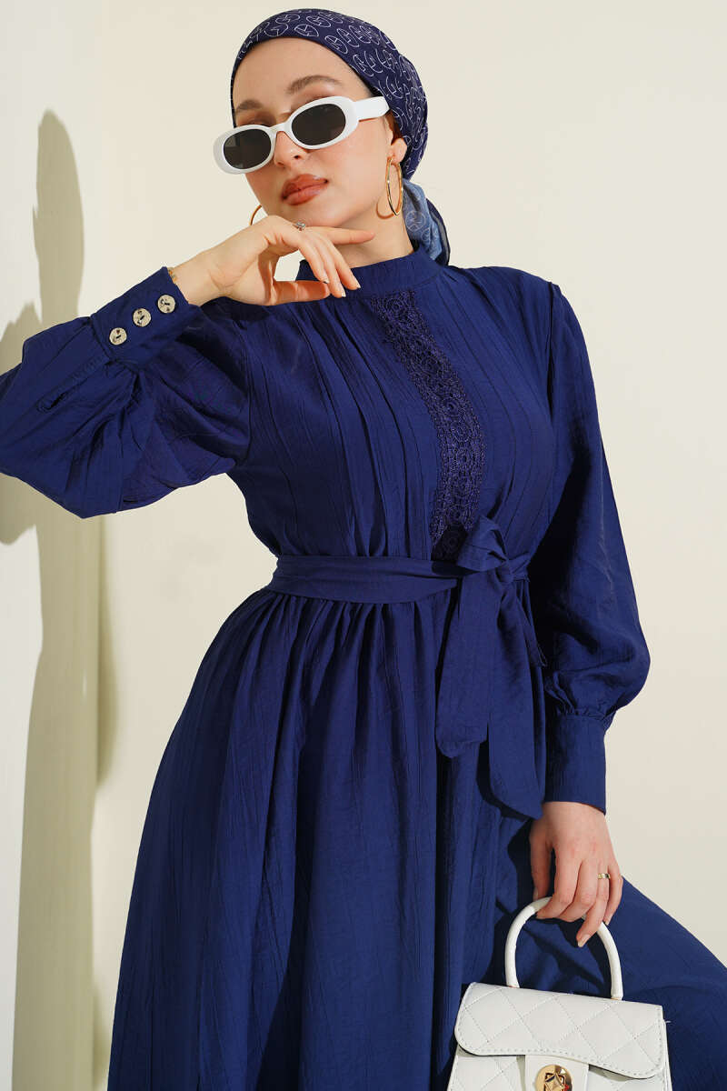 Belted Guipure Dress with Mandarin Collar - Navy