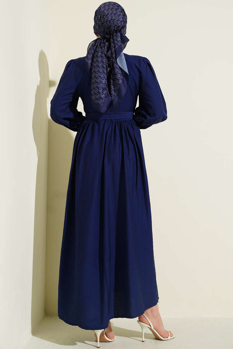 Belted Guipure Dress with Mandarin Collar - Navy
