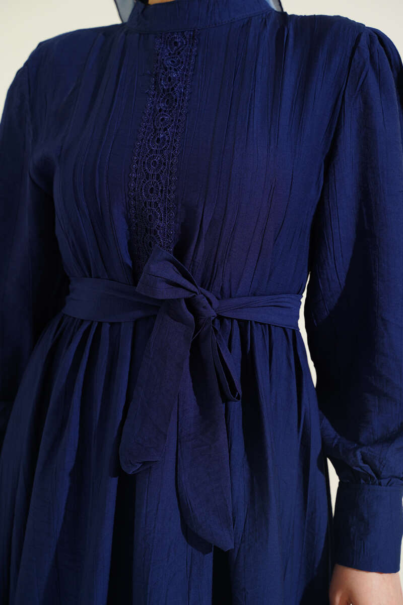 Belted Guipure Dress with Mandarin Collar - Navy