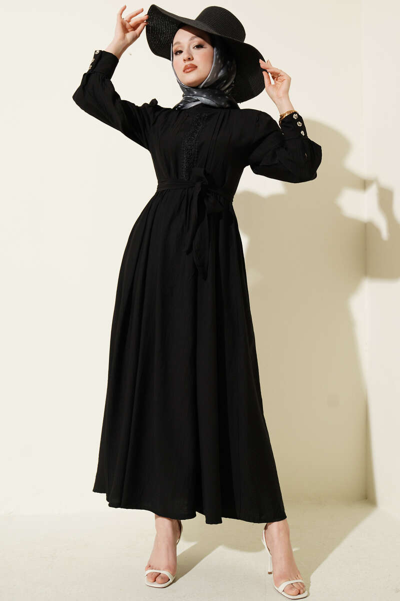 Belted Guipure Dress with Mandarin Collar - Black
