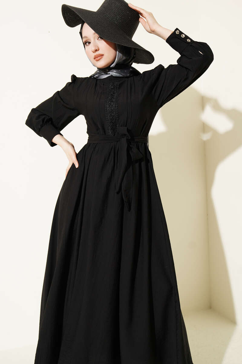 Belted Guipure Dress with Mandarin Collar - Black