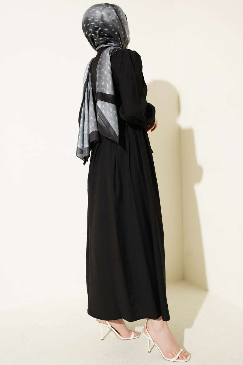 Belted Guipure Dress with Mandarin Collar - Black