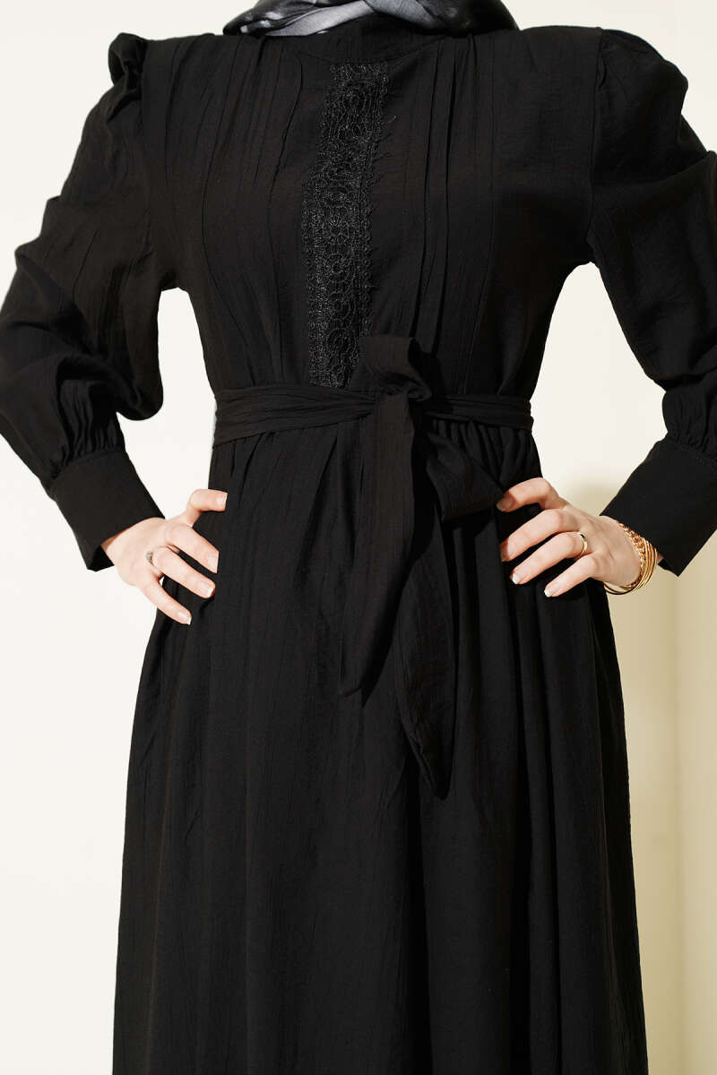 Belted Guipure Dress with Mandarin Collar - Black