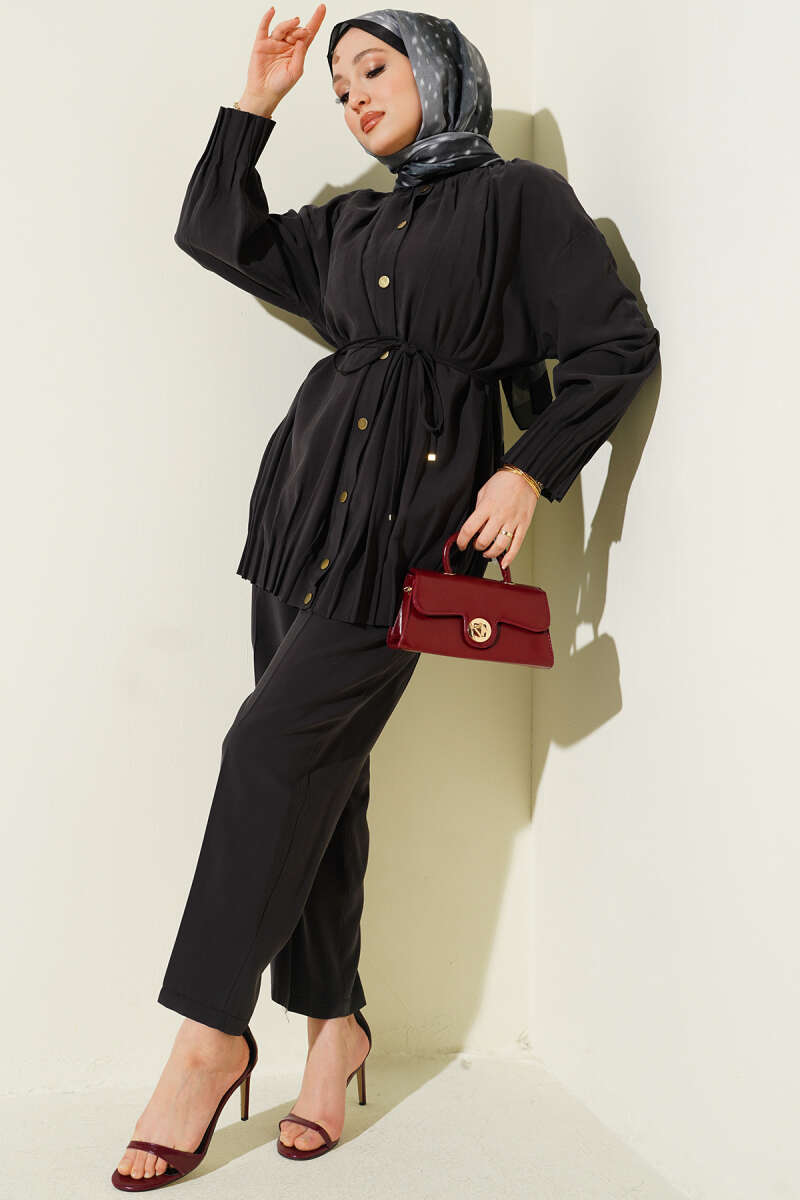 Mandarin-Collar Two-Piece Set with Ties - Black