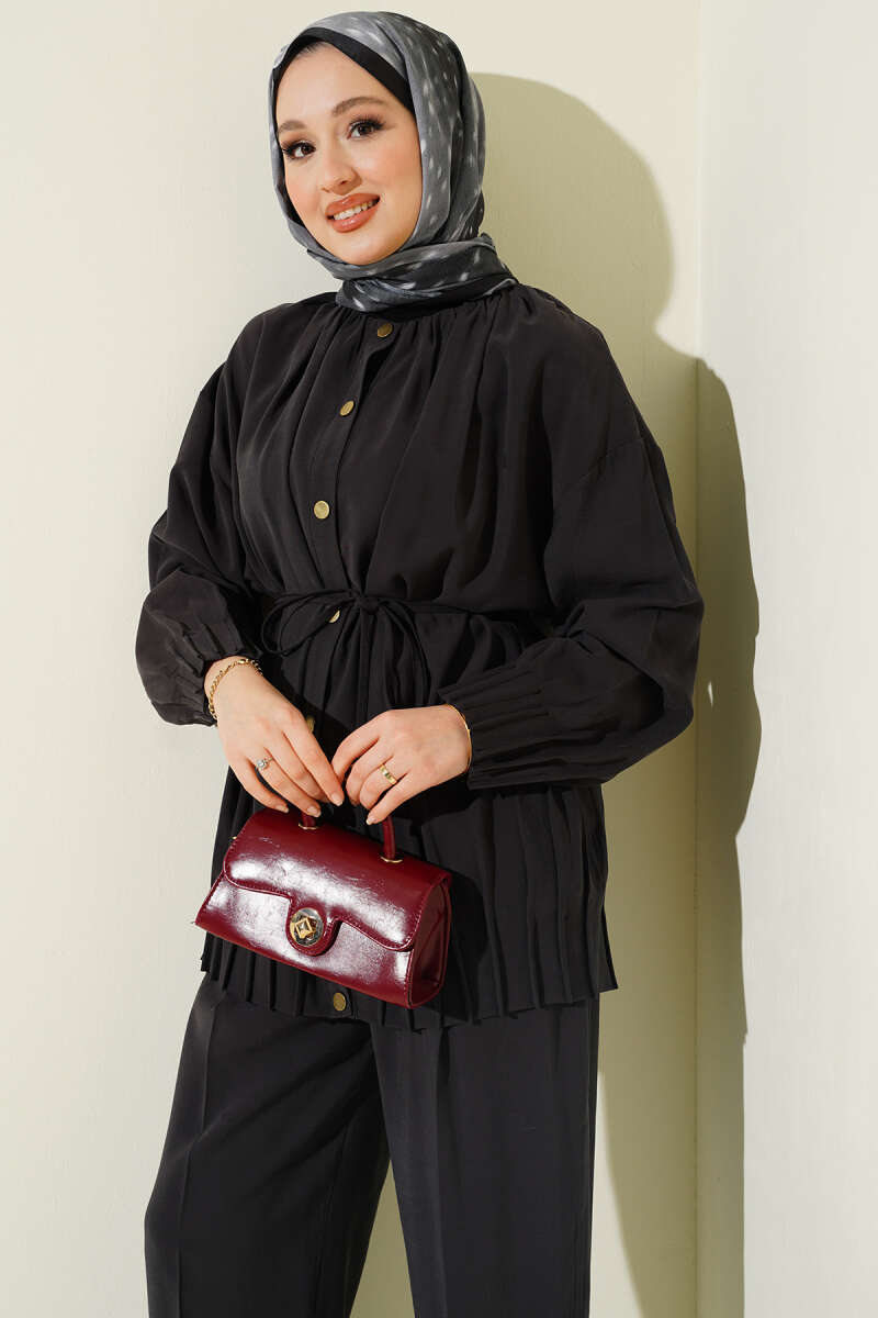 Mandarin-Collar Two-Piece Set with Ties - Black
