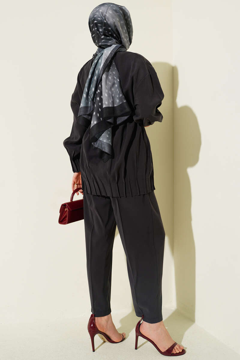 Mandarin-Collar Two-Piece Set with Ties - Black