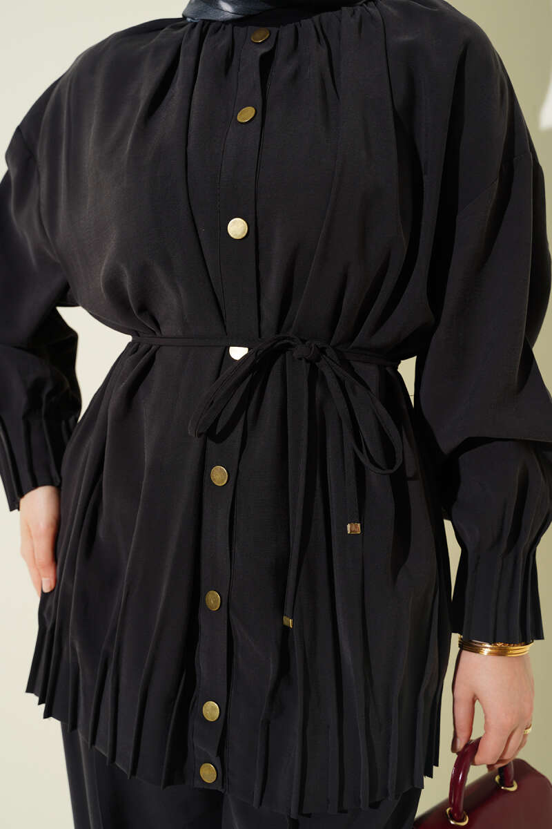 Mandarin-Collar Two-Piece Set with Ties - Black