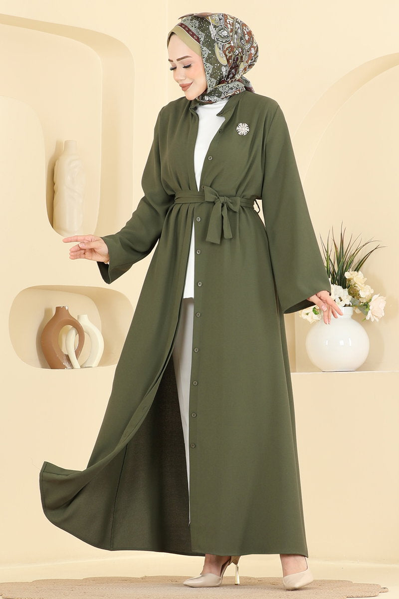 Belted Mandarin-Collar Crepe Abaya Coat - Khaki