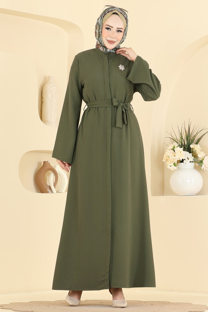 Belted Mandarin-Collar Crepe Abaya Coat - Khaki