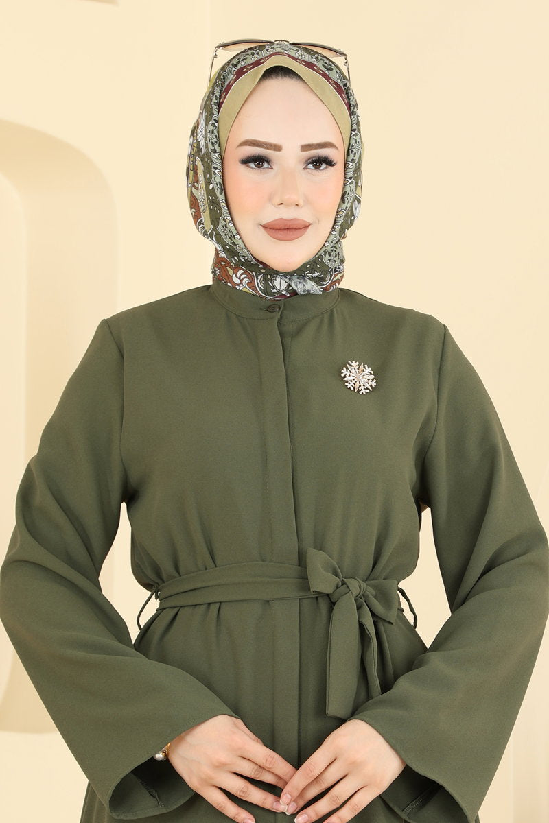 Belted Mandarin-Collar Crepe Abaya Coat - Khaki