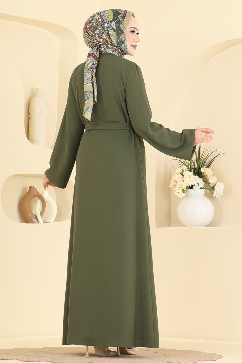Belted Mandarin-Collar Crepe Abaya Coat - Khaki