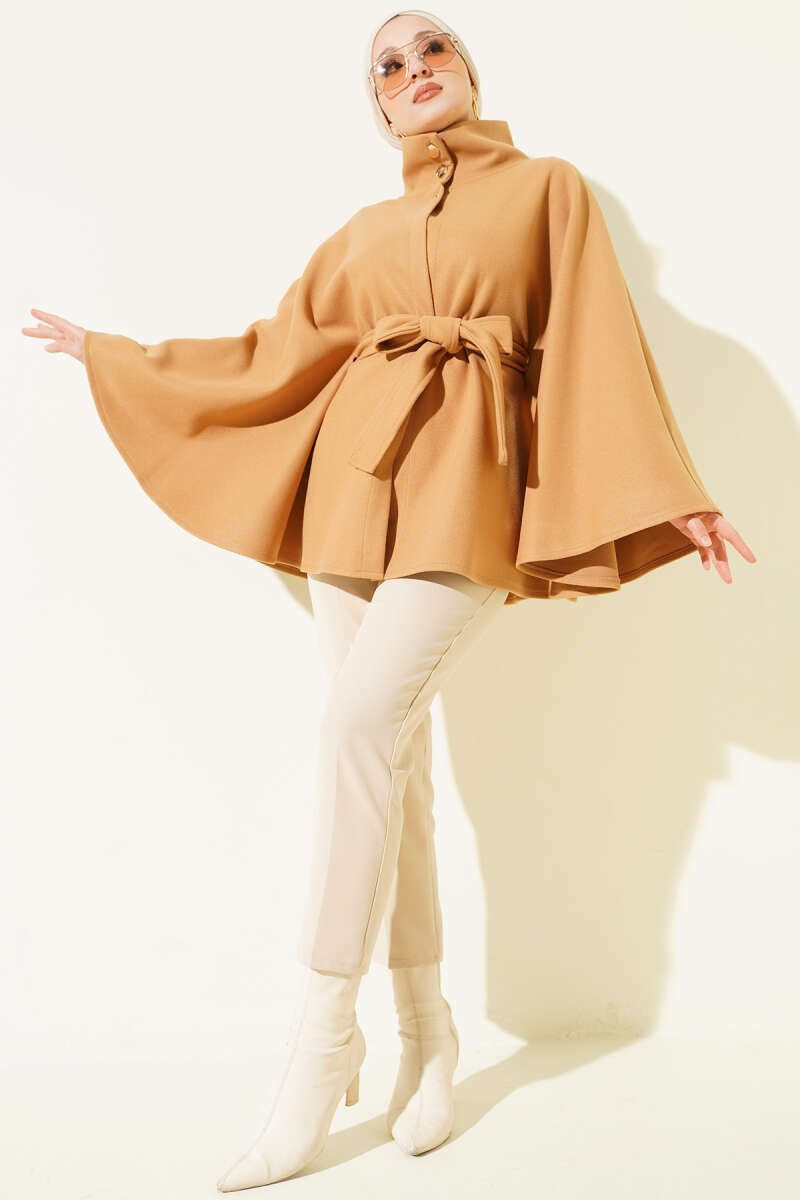 Belted Mandarin-Collar Felt Poncho - Camel