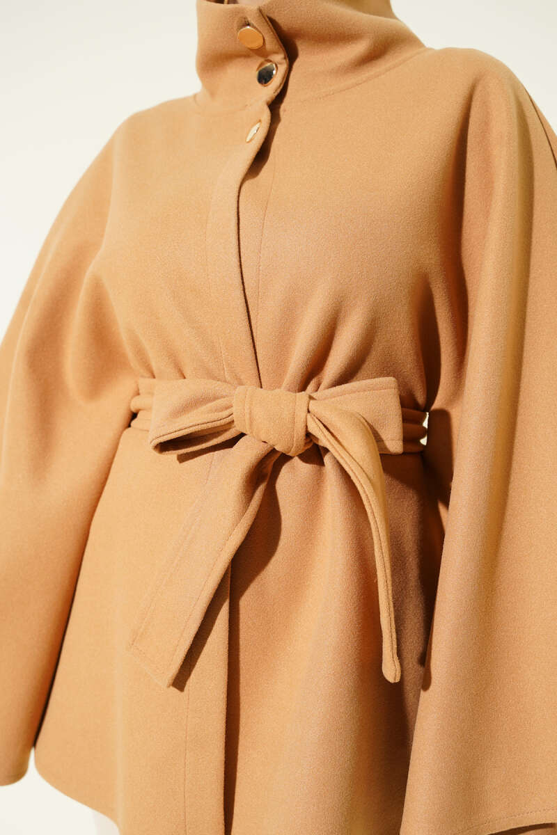 Belted Mandarin-Collar Felt Poncho - Camel