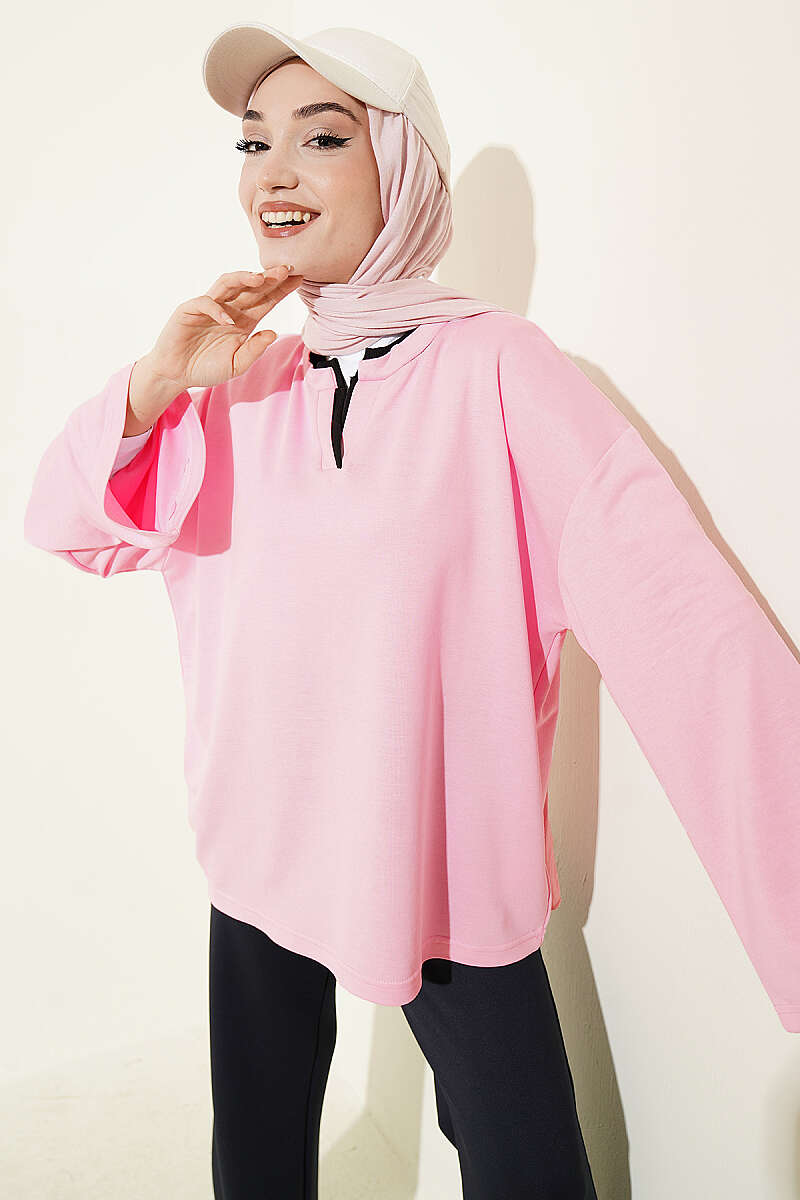 Mandarin-Collar Loycha Tunic - Pink