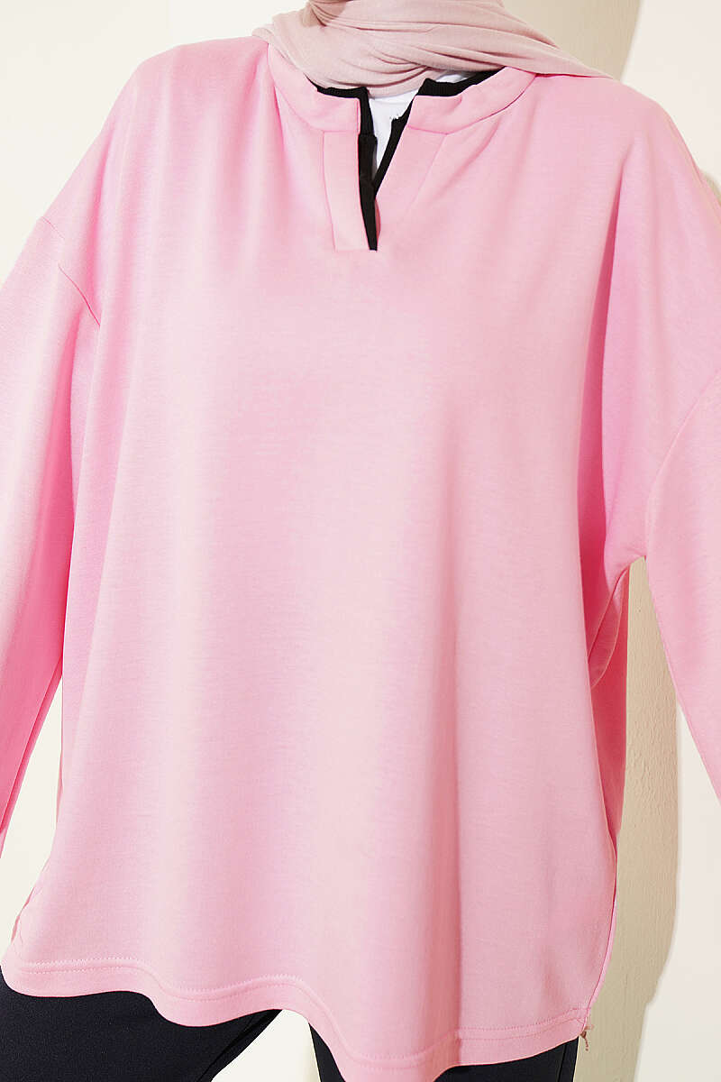 Mandarin-Collar Loycha Tunic - Pink
