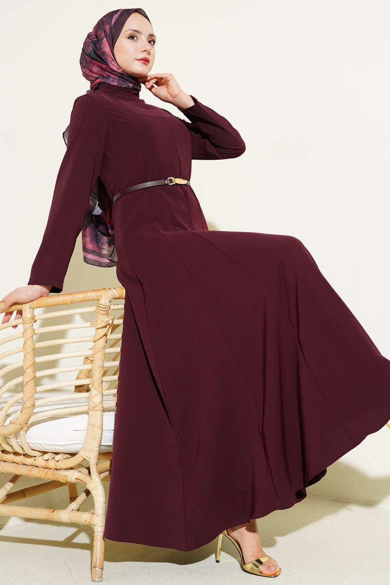 Belted Mandarin-Collar Dart Dress - Burgundy