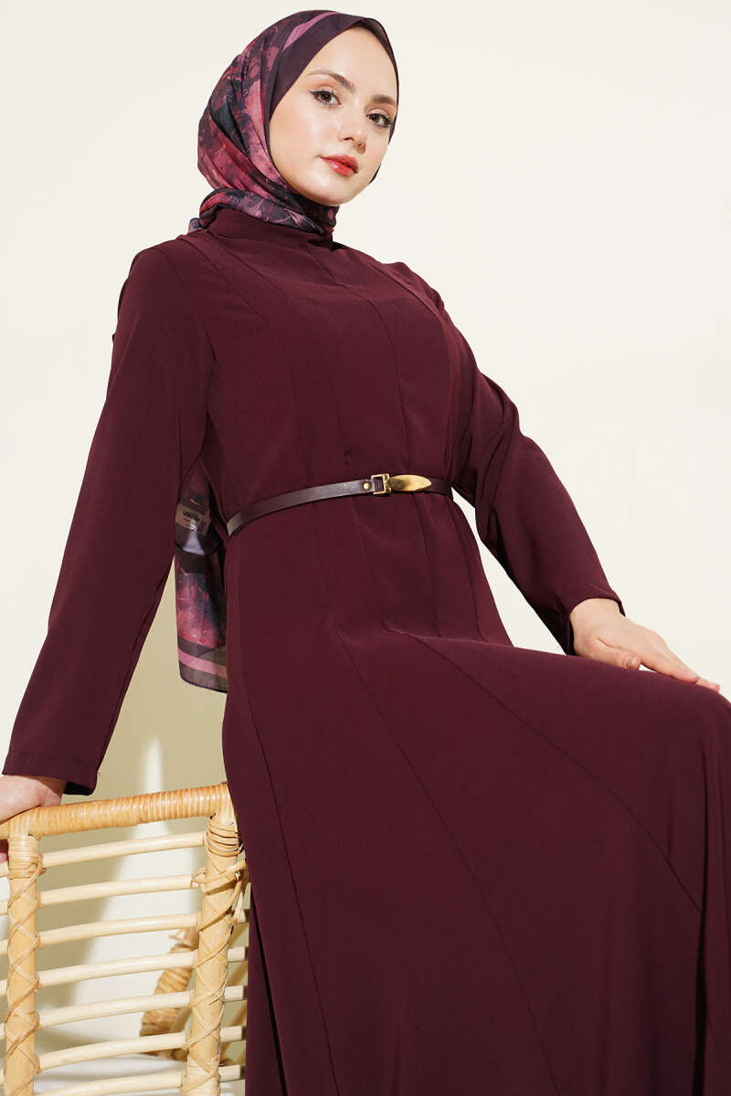 Belted Mandarin-Collar Dart Dress - Burgundy