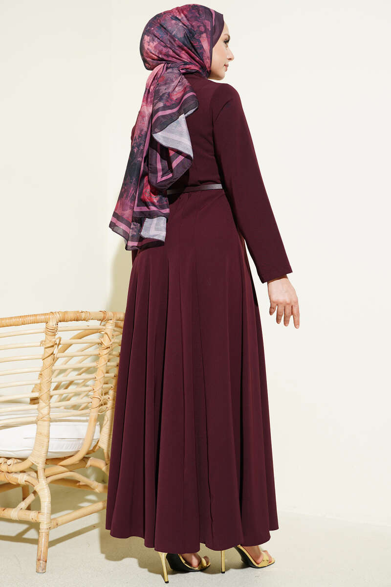 Belted Mandarin-Collar Dart Dress - Burgundy