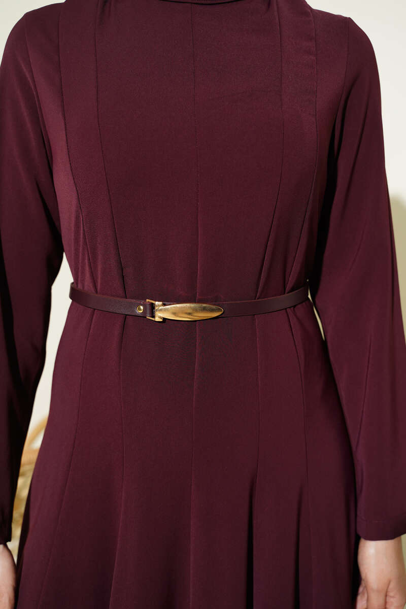 Belted Mandarin-Collar Dart Dress - Burgundy