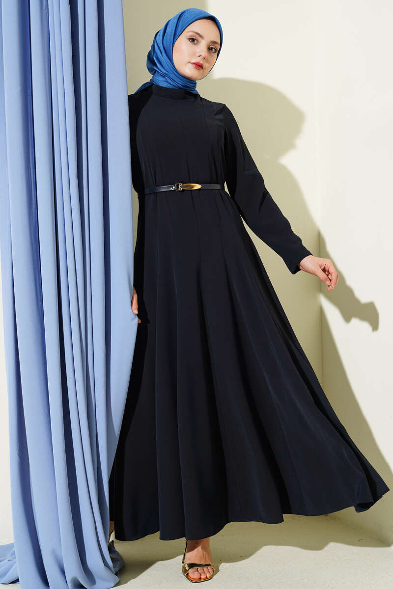 Belted Mandarin-Collar Dart Dress - Navy