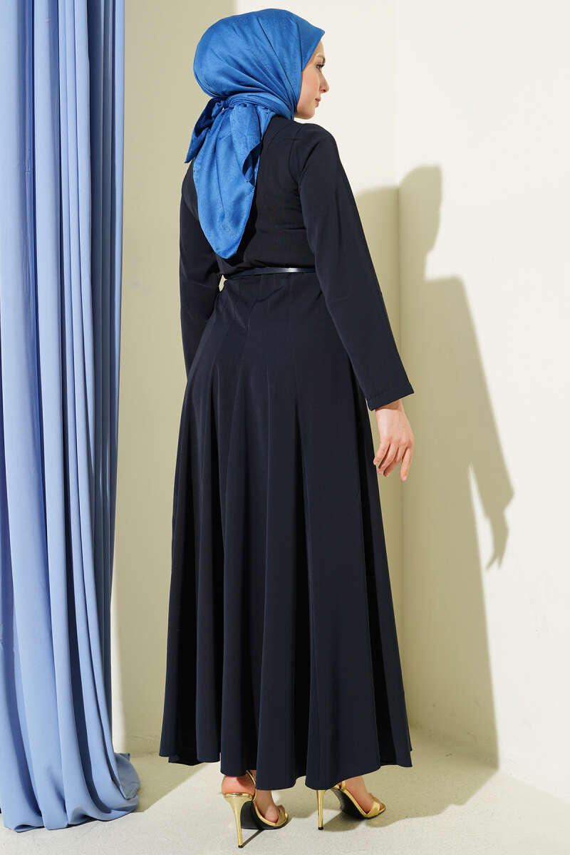 Belted Mandarin-Collar Dart Dress - Navy