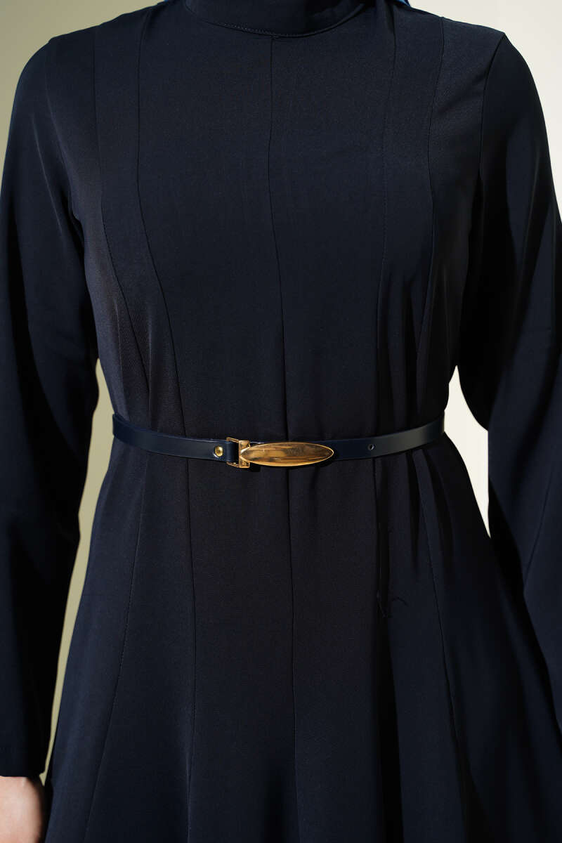 Belted Mandarin-Collar Dart Dress - Navy