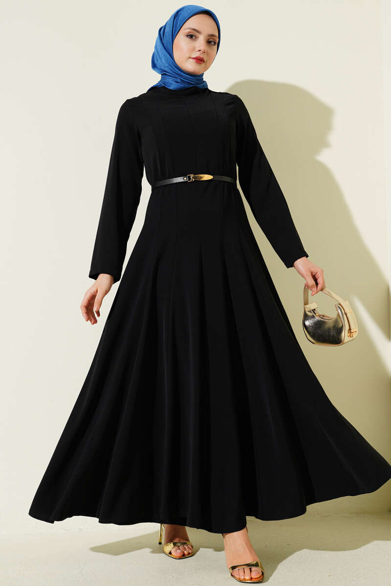 Belted Mandarin-Collar Dart Dress - Black