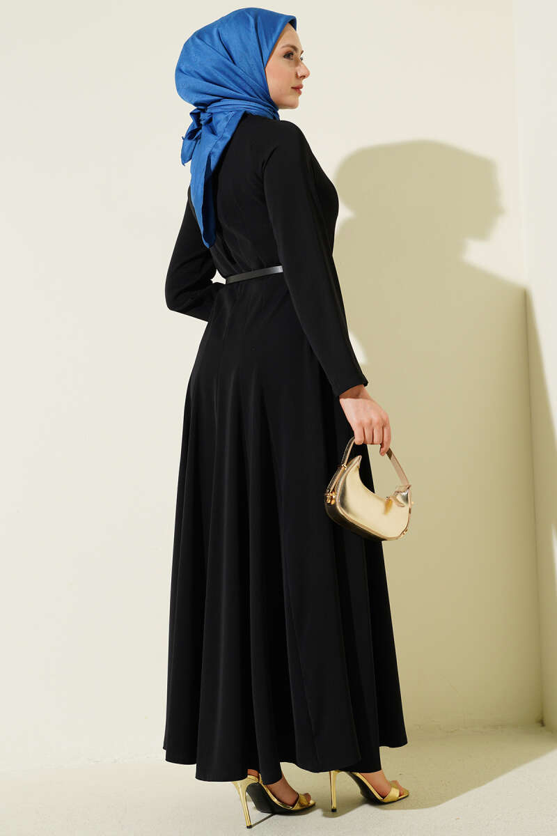 Belted Mandarin-Collar Dart Dress - Black