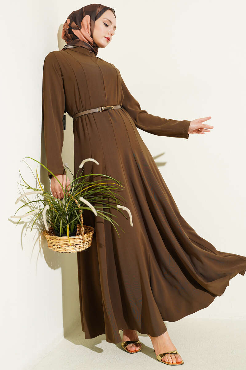 Belted Mandarin-Collar Dart Dress - Mink