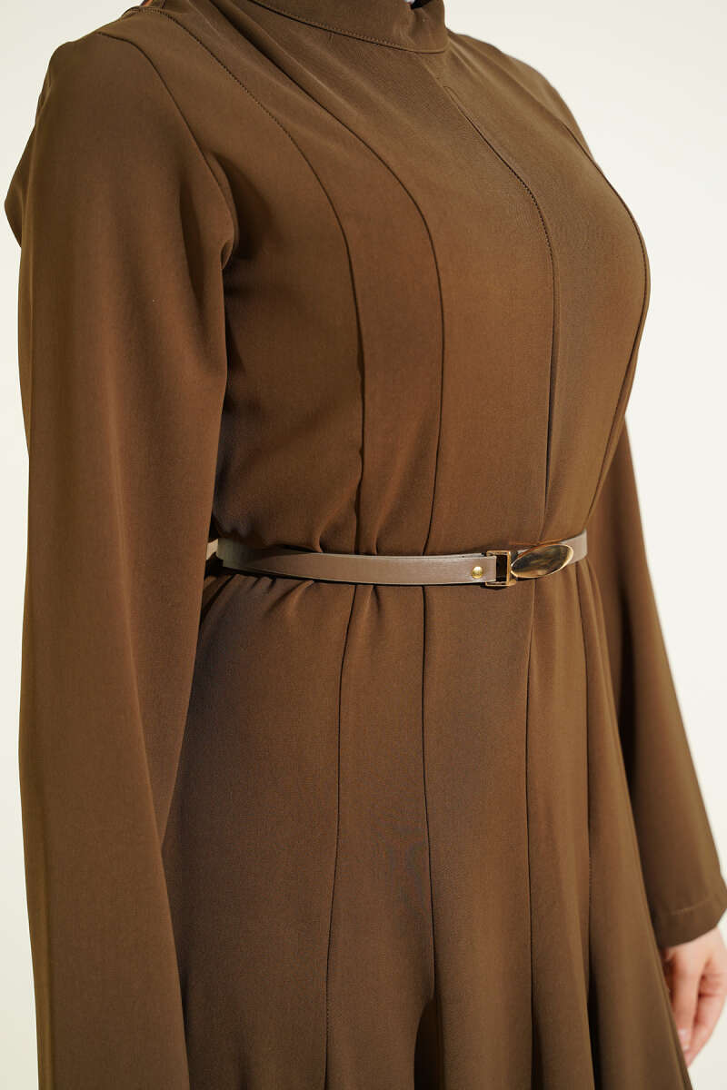 Belted Mandarin-Collar Dart Dress - Mink