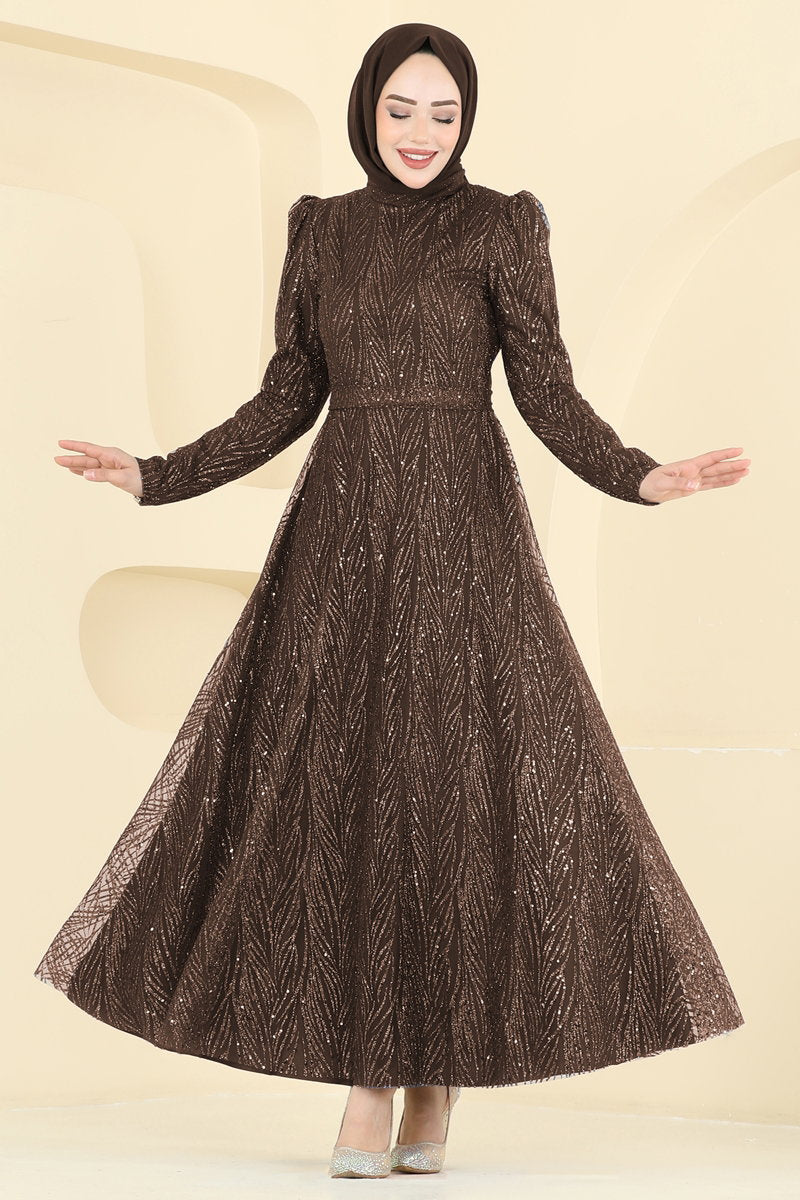 Mandarin-Collar Glitter Tulle Evening Dress - Brown