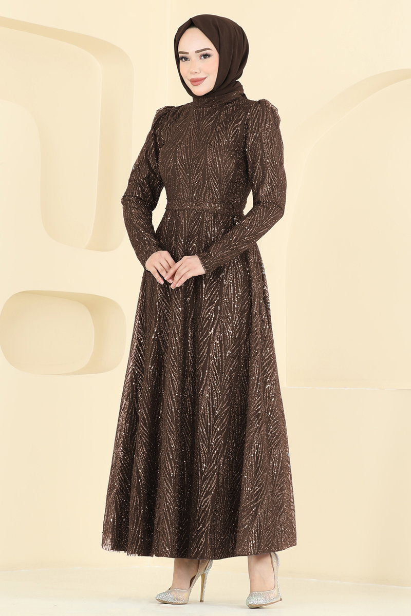 Mandarin-Collar Glitter Tulle Evening Dress - Brown